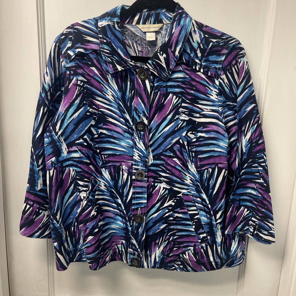 Colorful Christopher&Banks Jacket Shacket Sz M Blue Purple Button Up Linen Rayon